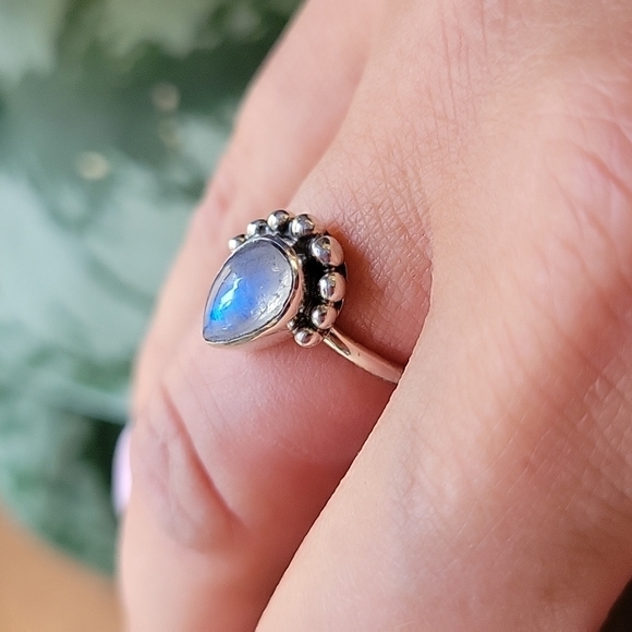 Artisan Jewelry - RAINBOW Moonstone Beaded Teardrop Ring, 925 Sterling Silver